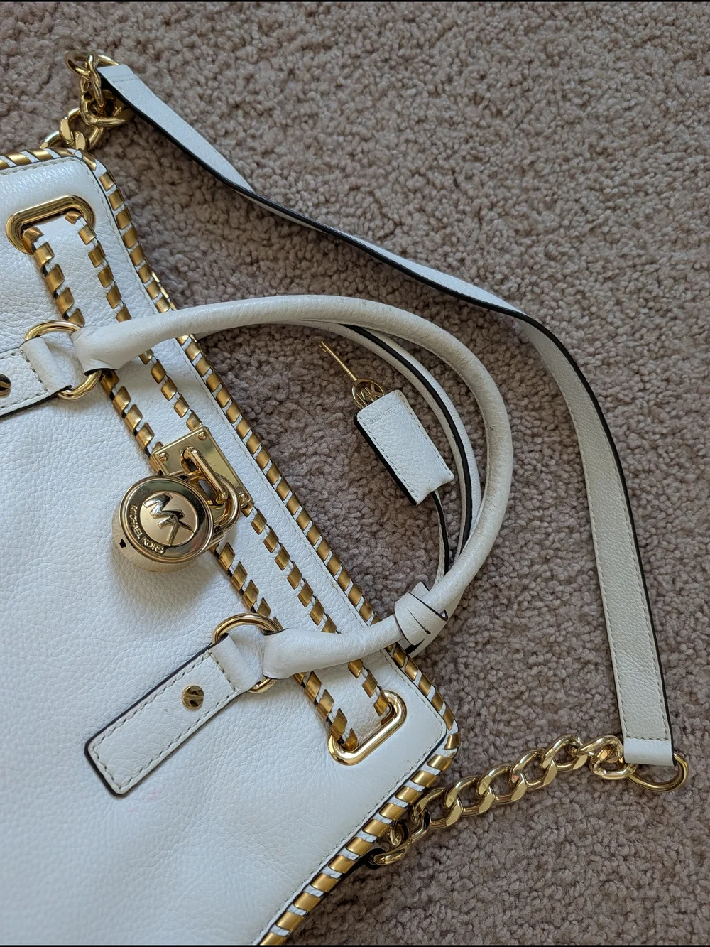 Michael Kors White Gold Hamilton Whipped Leather Satchel Handbag Purse